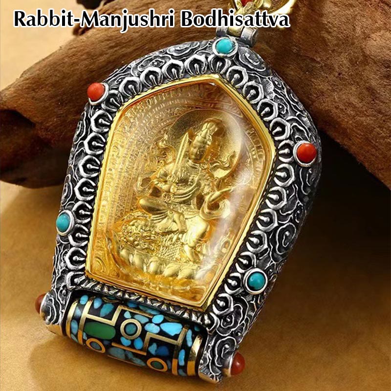 Buddha Stones Tibet Chinese Zodiac Natal Buddha Thangka Prosperity Rotatable Dzi Bead Necklace Pendant - Rabbit-Manjushri Bodhisattva - image 5