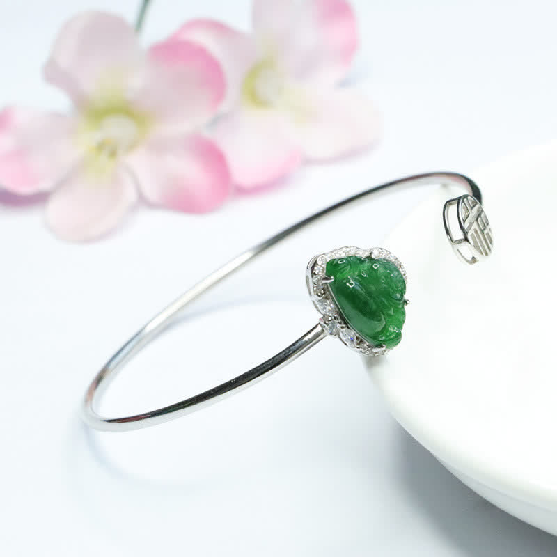 Buddha Stones 925 Sterling Silver Laughing Buddha Jade Luck Bracelet Bangle - image 2