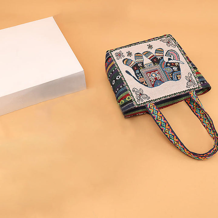 Buddha Stones Elephant Butterfly Embroidered Large Capacity Canvas Tote Bag Shoulder Bag - image 12