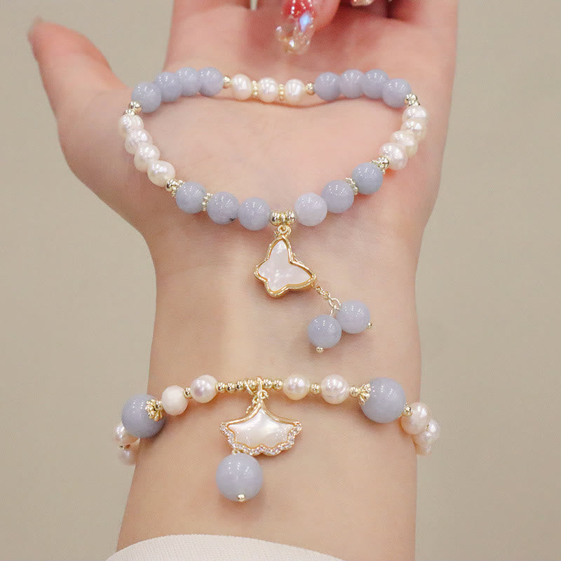 Buddha Stones Natural Aquamarine Pearl Healing Ginkgo Leaf Butterfly Charm Bracelet - image 0