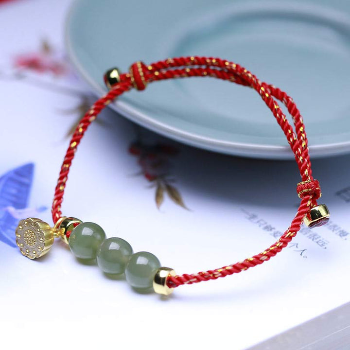 Buddha Stones Natural Jade Lotus Seed Strength Red String Weave Bracelet - Colorful(Wrist Circumference 14-20cm) - image 0