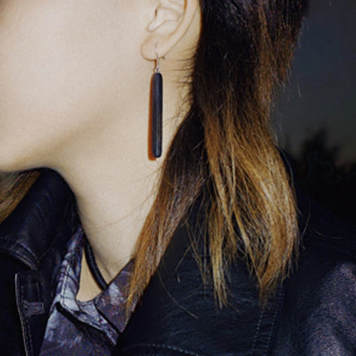 Buddha Stones 925 Sterling Silver Ebony Wood Texture Balance Peace Drop Dangle Earrings - image 7
