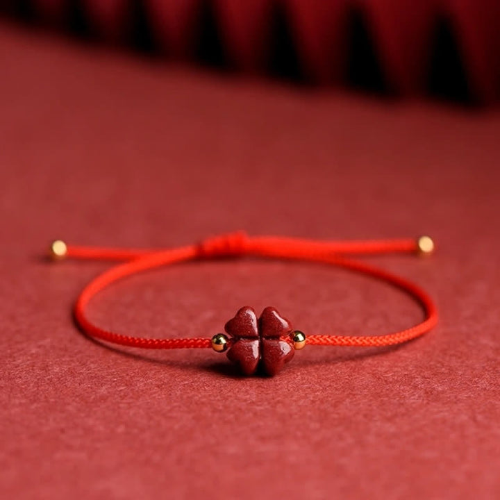 Buddha Stones Natural Cinnabar Four Leaf Clover Blessing Red String Bracelet Anklet - Red - Anklet(Anklet Circumference 21-27cm) - With Golden Bead - image 11