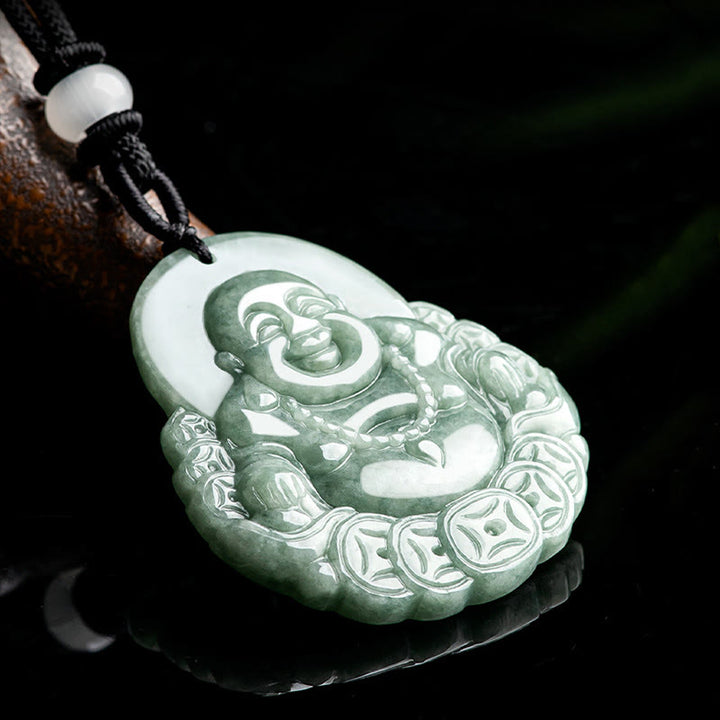 Buddha Stones Laughing Buddha Natural Jade Copper Coin Abundance Necklace Pendant - image 3