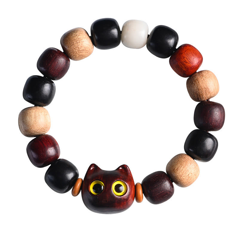 Buddha Stones Small Leaf Red Sandalwood Ebony Wood Cute Cat Engraved Protection Bracelet - image 17