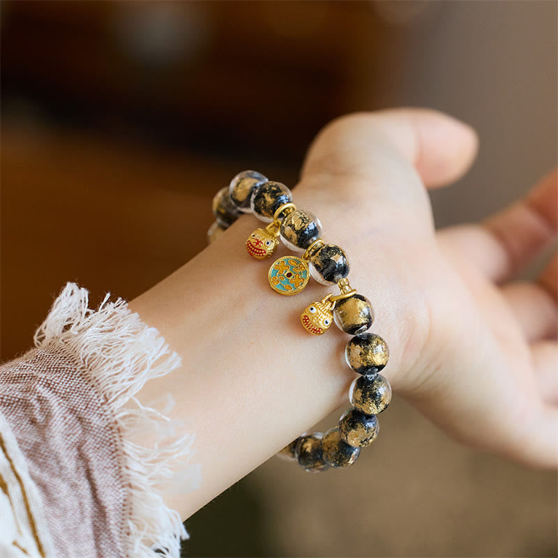 Buddha Stones Gold Swallowing Beast Copper Coin Good Luck Charm Liuli Glass Bead Fortune Bracelet - Black Liuli Glass Bead(Wrist Circumference 14-16cm) - image 8