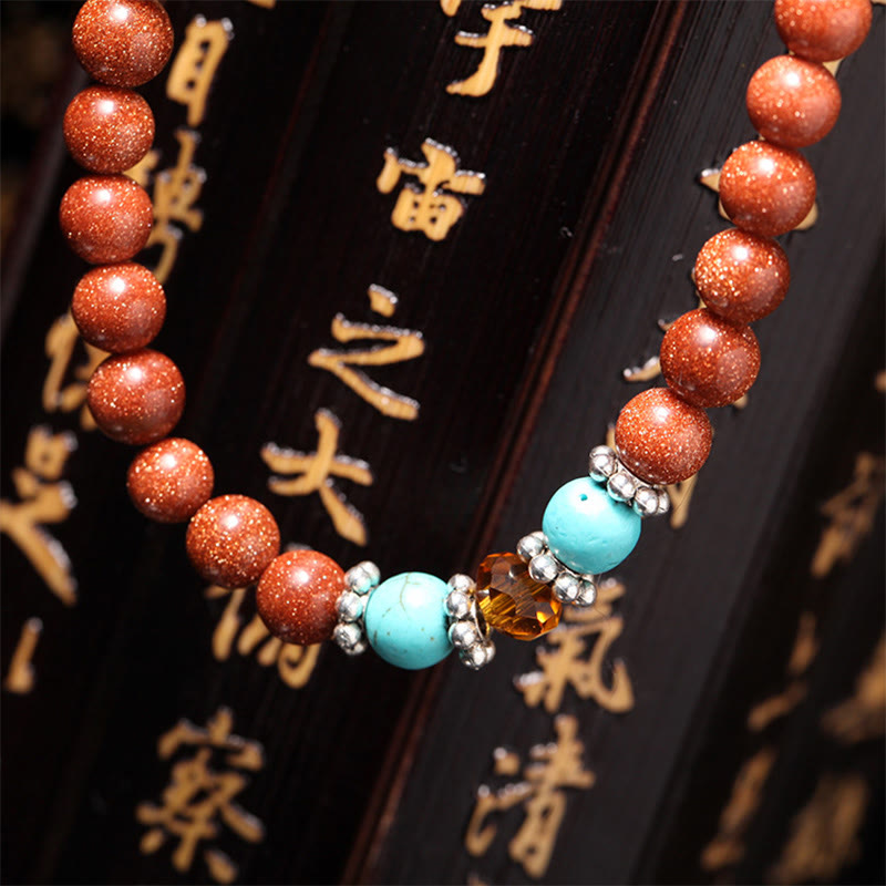 Buddha Stones 108 Mala Beads Goldstone Om Mani Padme Hum Swastika Confidence Bracelet - image 4