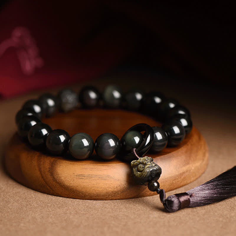Buddha Stones Natural Black Obsidian Lion Wrist Mala Protection Tassels Pocket Mala Car Decoration - image 5
