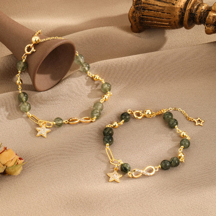 Buddha Stones 14k Gold Plated Copper Green Rutilated Quartz Möbius Loop Eternal Love Star Protection Bracelet - image 1