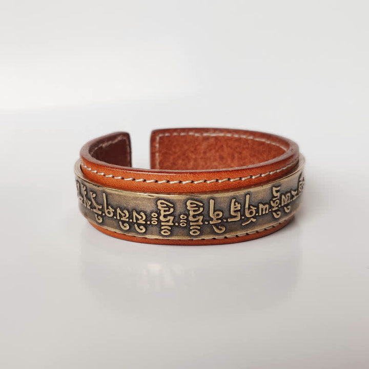 Buddha Stones 2Pcs Om Mani Padme Hum Dragon Phoenix Copper Leather Peace Cuff Bracelet Bangle - Om Mani Padme Hum - image 5