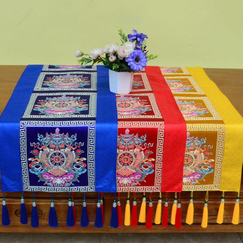 Buddha Stones Prayer Altar Mat Man-Bcu Kalachakra Endless Knot Vajra Tibetan Auspicious Symbols Tassels Table Runner - image 7