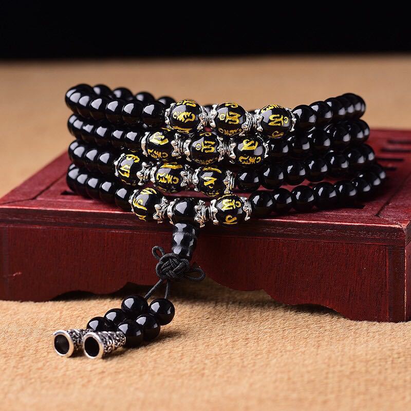 Buddha Stones Black Obsidian Six True Words Protection Mala Bracelet - image 0