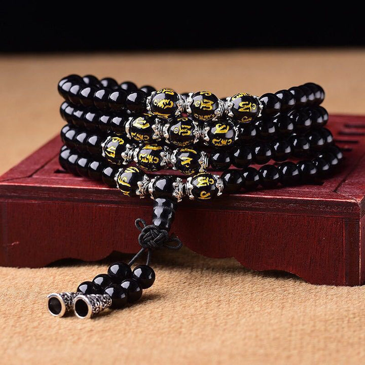Buddha Stones Black Obsidian Six True Words Protection Mala Bracelet - image 0