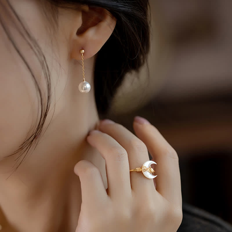 Buddha Stones Natural Tridacna Stone Moon 14K Gold Blessing Ring - image 6