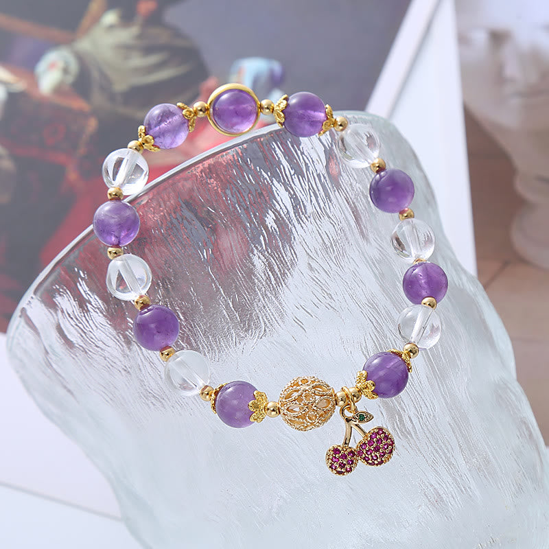 Buddha Stones Natural Amethyst White Crystal Positive Cherry Charm Bracelet - image 2