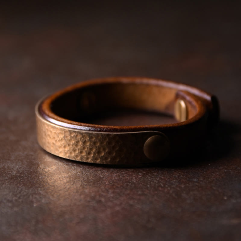 Buddha Stones Vintage Handmade Texture Copper Brass Leather Wealth Bracelet Bangle - image 3