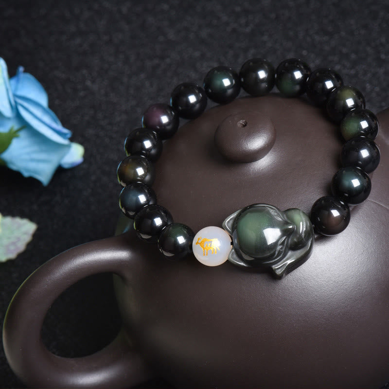 Buddha Stones Natural Rainbow Obsidian Gold Sheen Obsidian Silver Sheen Obsidian Fox Healing Bracelet - Rainbow Obsidian - Pig - image 0