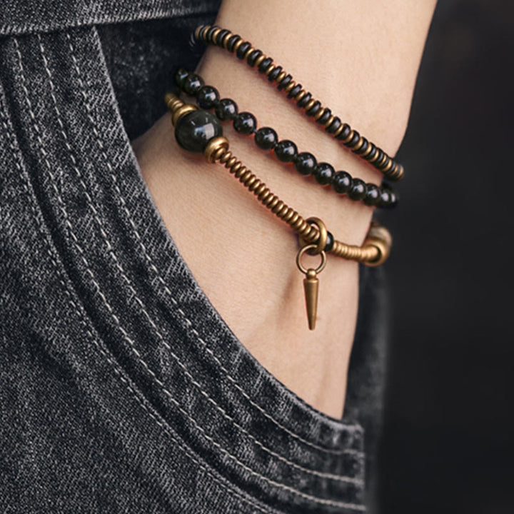 Buddha Stones Rainbow Obsidian Ebony Wood Copper Healing Triple Wrap Bracelet - image 5