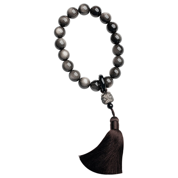 Buddha Stones Natural Silver Sheen Obsidian Black Obsidian Lion Wrist Mala Protection Tassels Pocket Mala Car Decoration - image 11