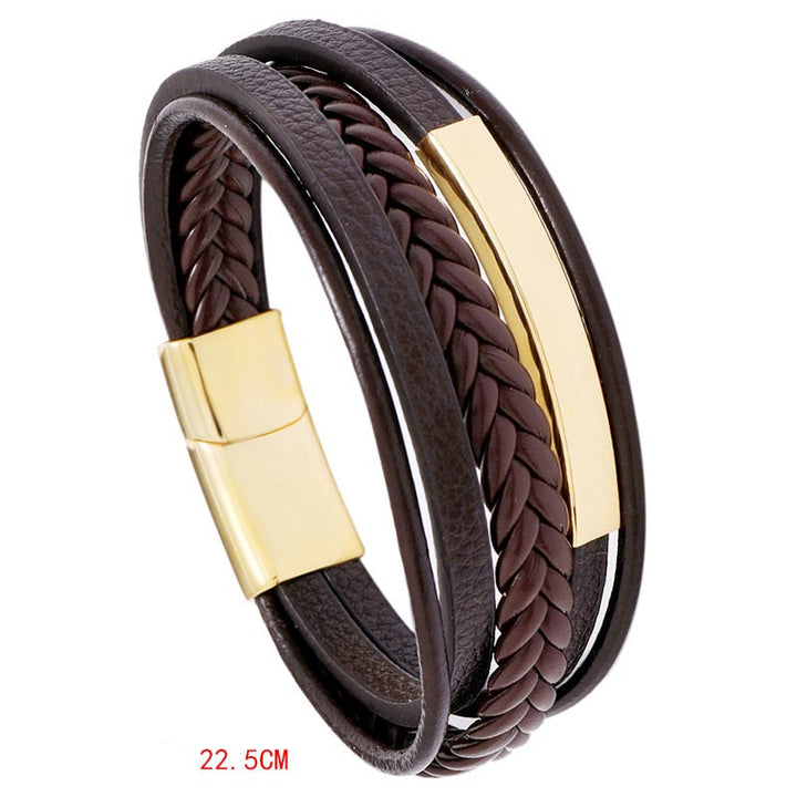 Buddha Stones Simple Design Titanium Steel Leather Luck Bracelet - Brown - 22.5cm - image 6