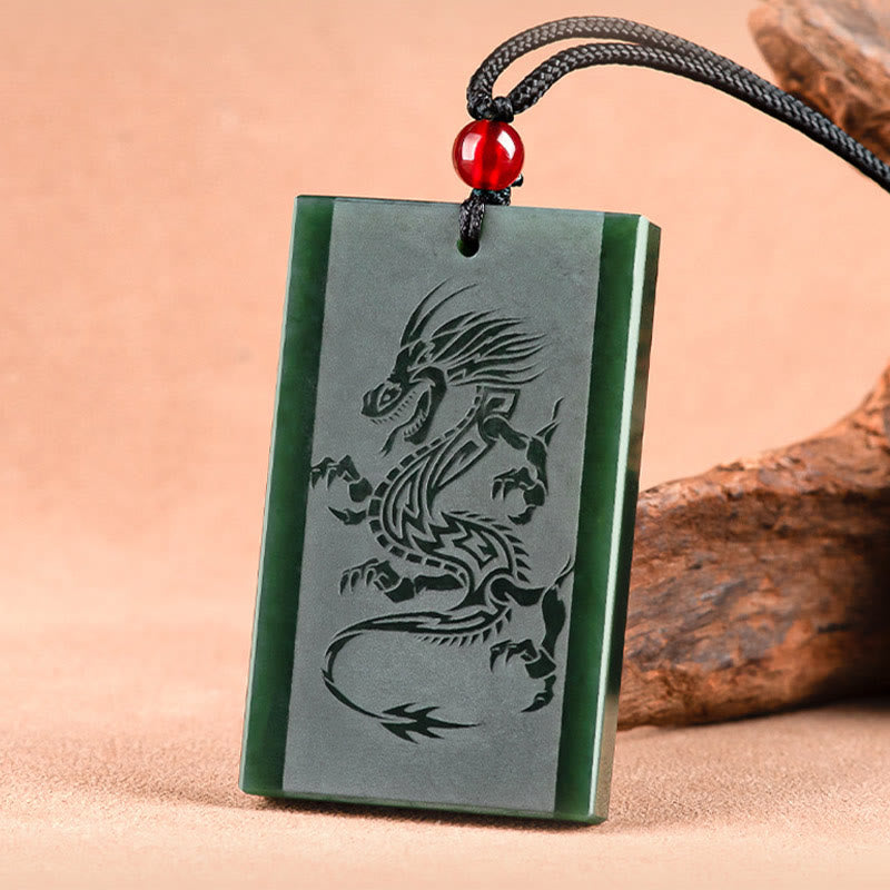 Buddha Stones Hetian Cyan Jade Dragon Engraved Success Necklace Pendant - image 2