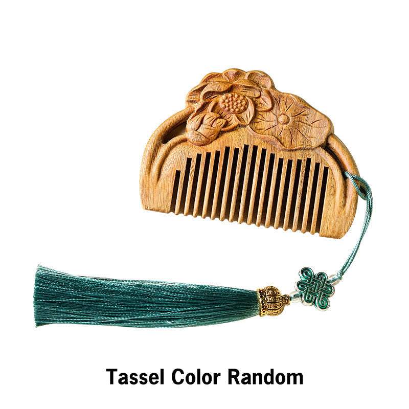Natural Green Sandalwood Lotus Flower Leaf Engraved Soothing Comb - image 3