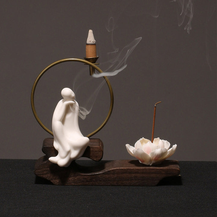 Buddha Stones Ceramic Lotus Healing Meditation Incense Burner Decoration - White Meditation - image 3