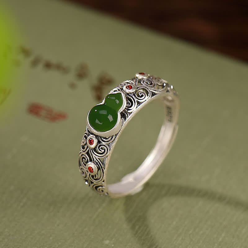 Buddha Stones 925 Sterling Silver Red Agate Cyan Jade Gourd Blessing Auspicious Ring - Cyan Jade(Success♥Healing) - image 5