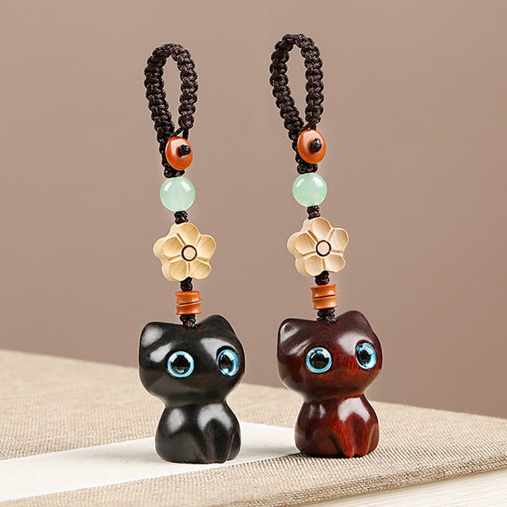 Buddha Stones Mini Small Leaf Red Sandalwood Ebony Wood Lucky Cat Lovely Kitty Peace Key Chain Phone Hanging Decoration - image 11