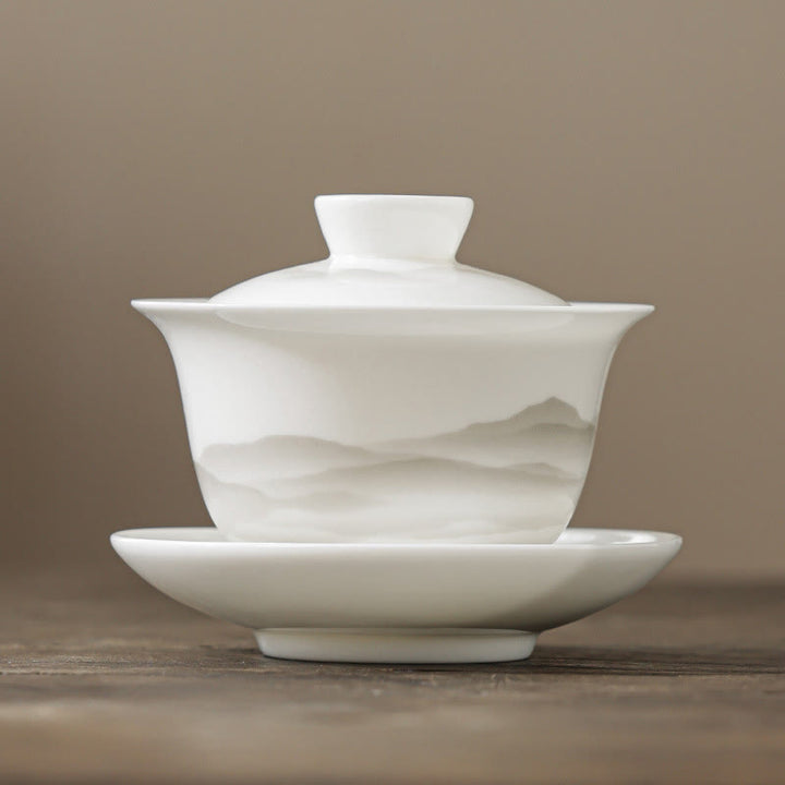 Buddha Stones Vintage Ink Painting Mountain White Porcelain Ceramic Gaiwan Sancai Teacup Kung Fu Tea Cup And Saucer With Lid Tea Utensil Teapot - Cup 10.3cm*8.3cm*175ml - image 0