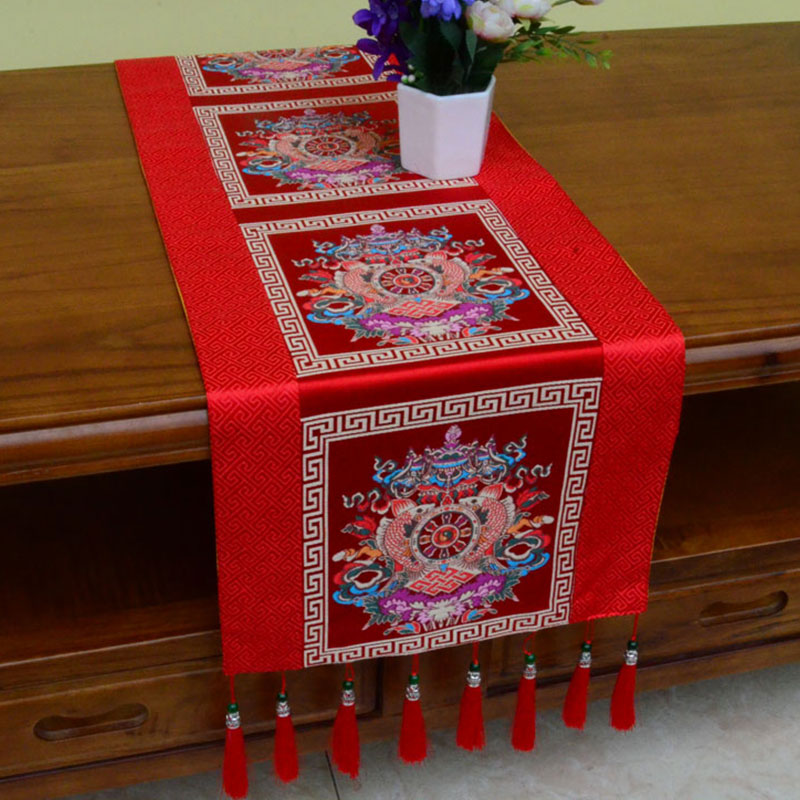 Buddha Stones Prayer Altar Mat Man-Bcu Kalachakra Endless Knot Vajra Tibetan Auspicious Symbols Tassels Table Runner - 8 Auspicious Symbols - Red - 190*33cm - image 8