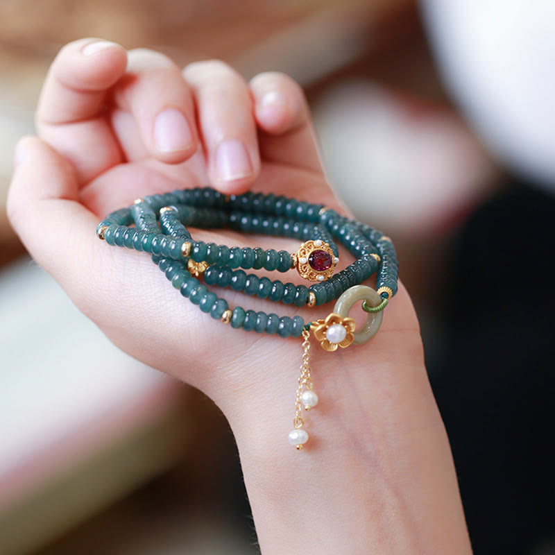 Buddha Stones 925 Sterling Silver Gold Plated Cyan Jade Flower Peace Buckle Success Triple Wrap Bracelet - image 1