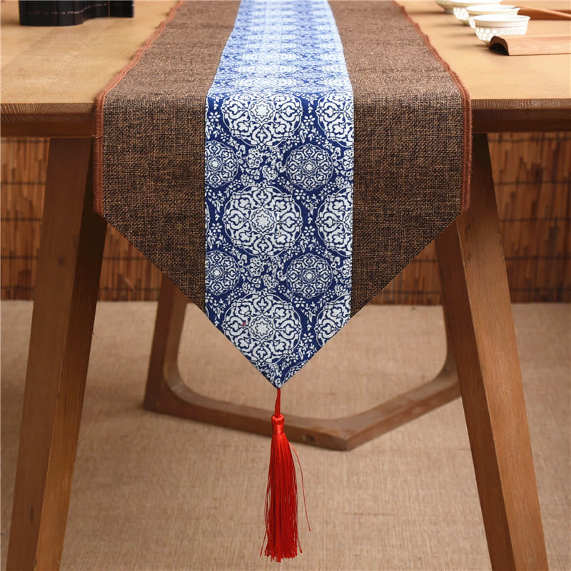 Buddha Stones Classic Chinese Style Lotus Koi Fish Flower Crane Calligraphy Enlightenment Cotton Linen Tassels Table Runner - Brown Blue And White Porcelain - 30*180cm - image 21