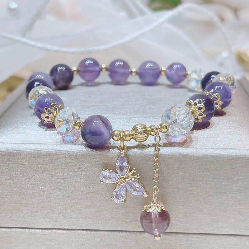 Buddha Stones Natural Amethyst Crystal Spiritual Butterfly Charm Bracelet - image 1