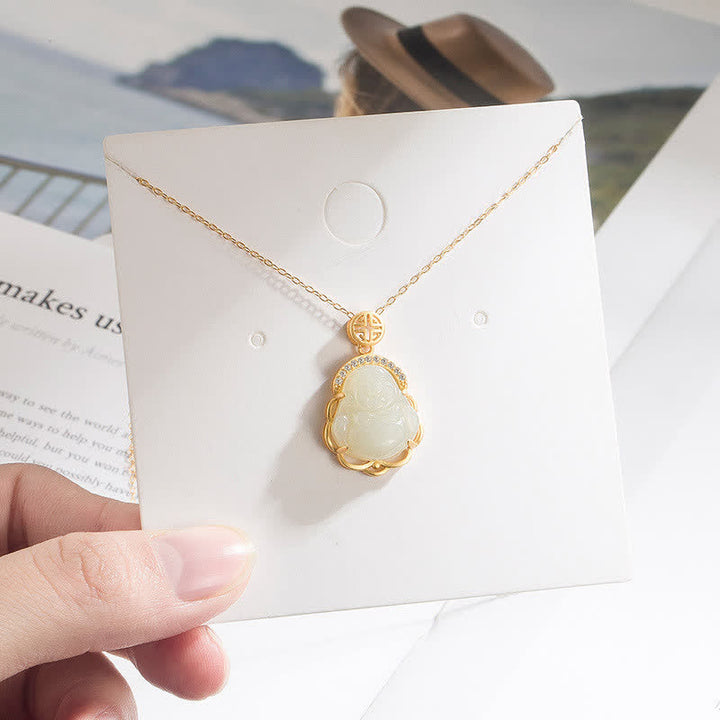 Buddha Stones 925 Sterling Silver Laughing Buddha Hetian White Jade Protection Necklace Pendant - image 2