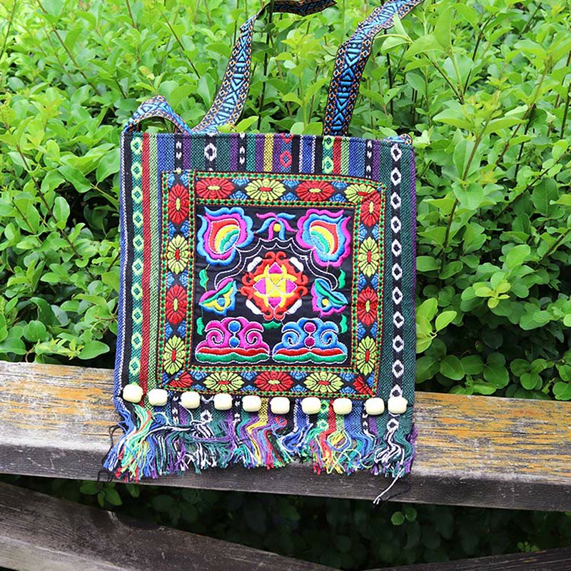 Buddha Stones Tibetan Handmade Embroidered Camellia Canvas Shoulder Bag Crossbody Bag - image 1