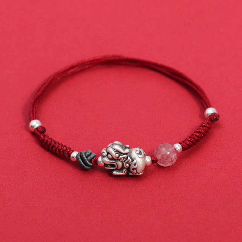 Buddha Stones 999 Sterling Silver PiXiu Strawberry Quartz Bead Wealth Luck Braided Bracelet - Red Rope(Wrist Circumference 14-19cm) - image 2