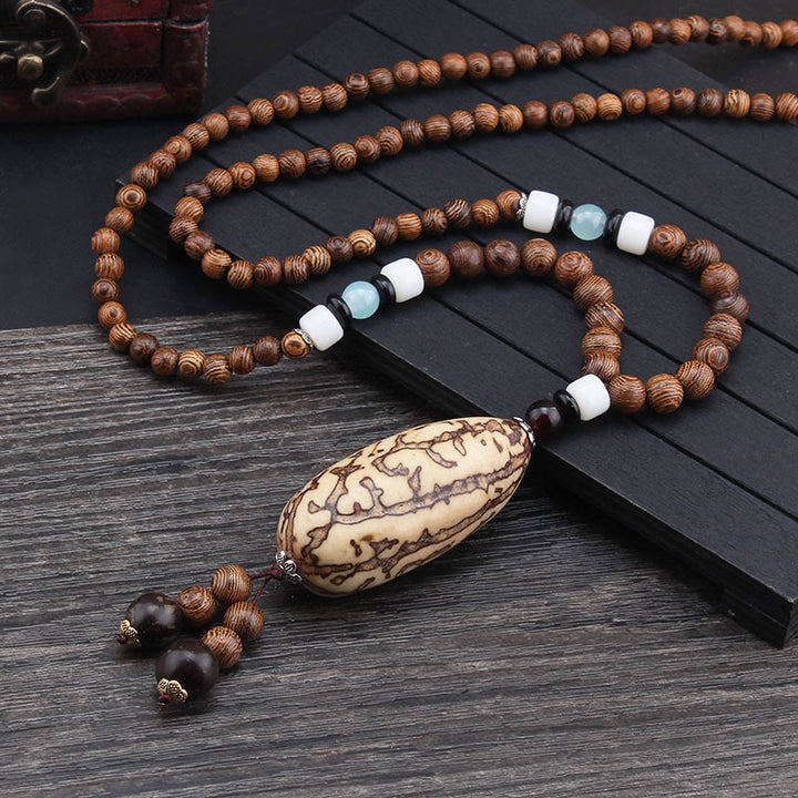 Buddha Stones Tibetan Wenge Wood Bodhi Seed Agate Balance Peace Necklace Pendant - Wenge Wood&Thousand-Eyed Pattern Bodhi Seed - image 1