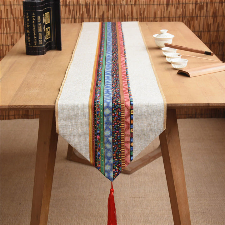 Buddha Stones Classic Chinese Style Lotus Koi Fish Flower Crane Calligraphy Enlightenment Cotton Linen Tassels Table Runner - image 5