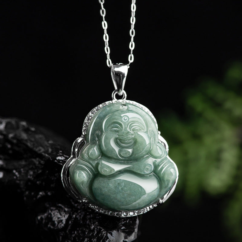 Buddha Stones Laughing Buddha Jade Abundance Necklace Titanium Steel Chain Pendant - image 7