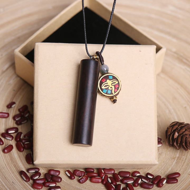 Tibetan Ebony Wood Dzi Bead Peace Calm Necklace Pendant - 5.5*1.2cm - image 4