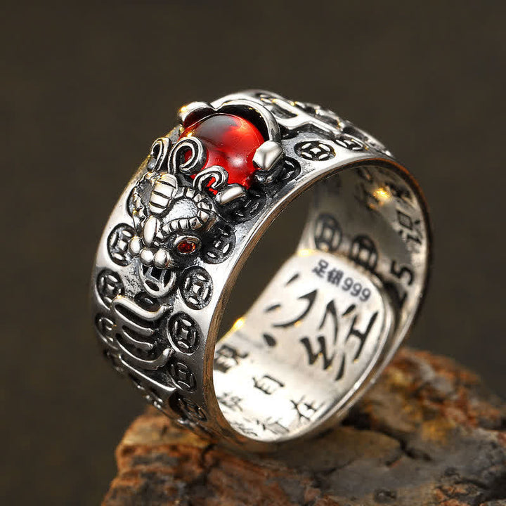 Buddha Stones FengShui PiXiu Red Garnet Heart Sutra Wealth Ring - image 3
