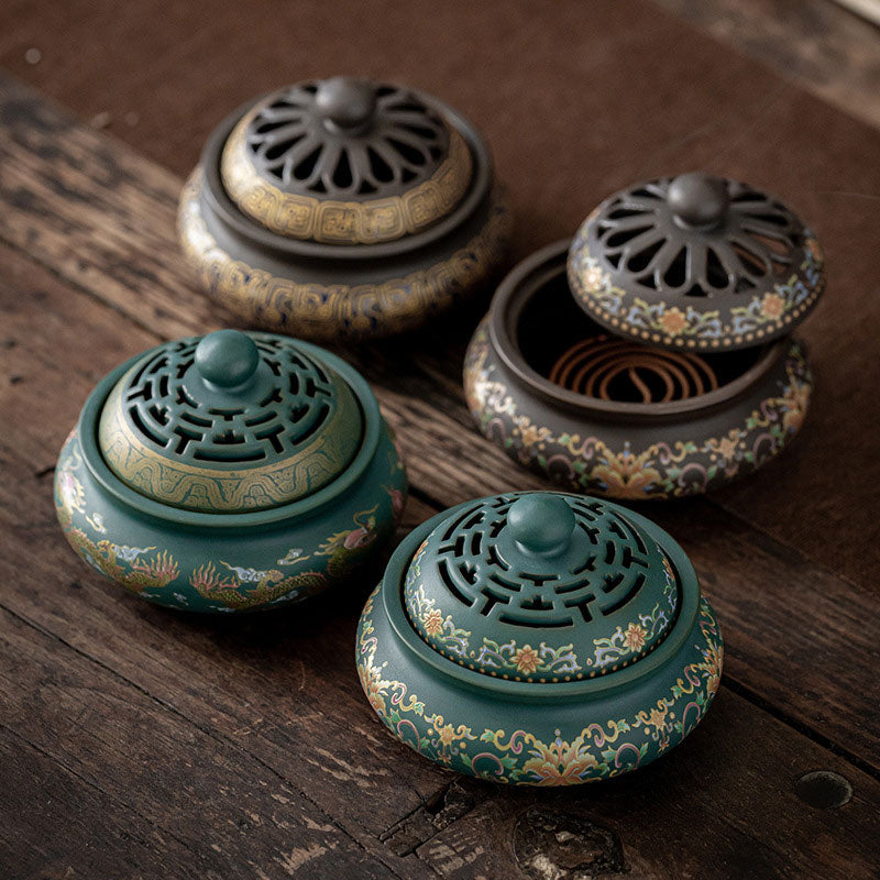 Dragon Floral Pattern Backflow Smoke Fountain Ceramic Meditation Incense Burner Decoration - image 1