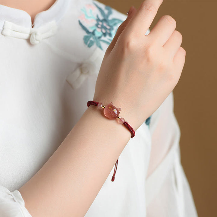 Buddha Stones Handmade Natural Silver Sheen Obsidian Strawberry Quartz Cute Cat Protection Braided Bracelet - image 11