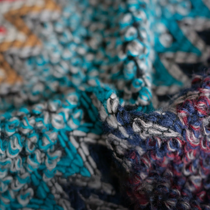 Buddha Stones Tibetan Shawl Blue Beige Red Wavy Pattern Winter Warm Tassel Scarf - image 12