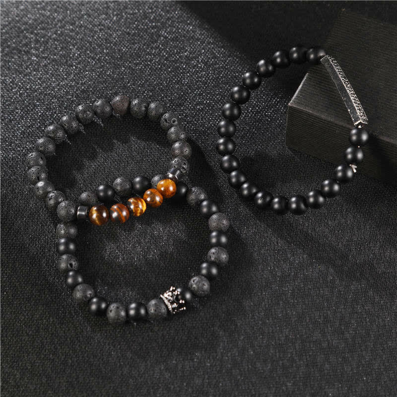 Buddha Stones 3Pcs Frosted Stone Lava Rock Tiger Eye Activate Bracelet - image 1