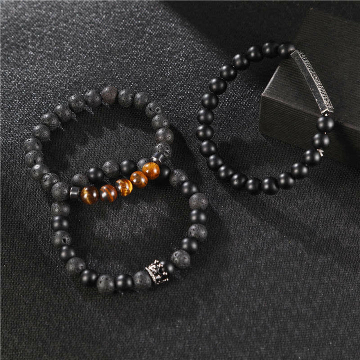 Buddha Stones 3Pcs Frosted Stone Lava Rock Tiger Eye Activate Bracelet - image 1
