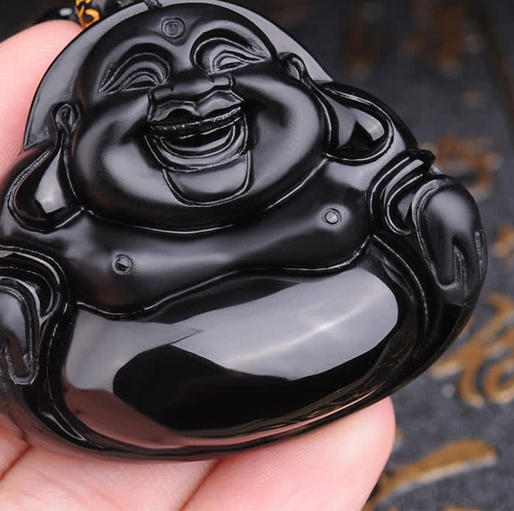 Buddha Stones Laughing Buddha Black Obsidian Transformation Pendant Necklace - image 3