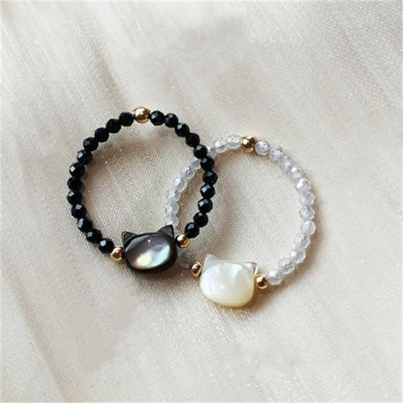 Buddha Stones Natural Tridacna Stone Lovely Cat 14K Gold Plated Blessing Ring - image 11