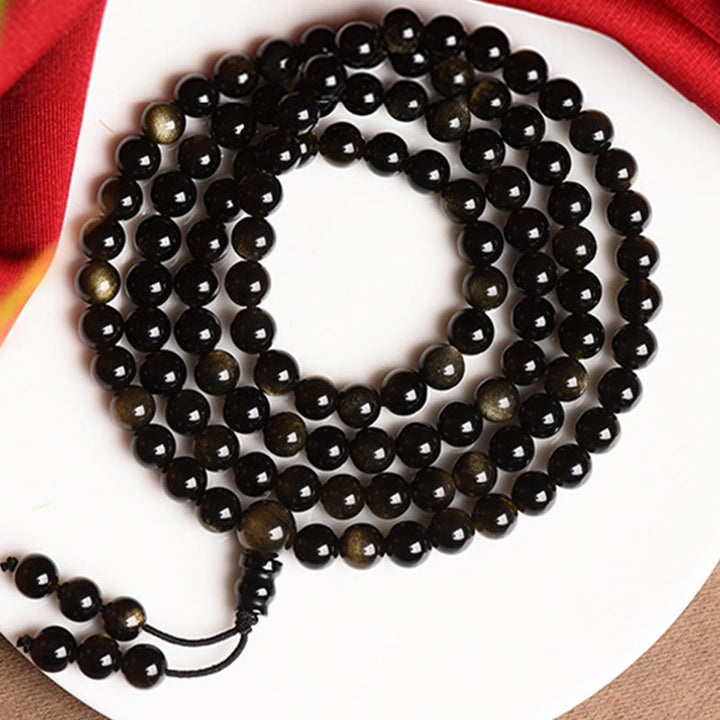 Buddha Stones 108 Mala Beads Natural Gold Sheen Obsidian Wealth Bracelet - image 11